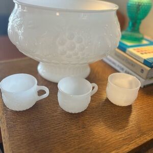 Vintage Jeannette Translucent Milk Glass Punch Bowl with 3 Glasses